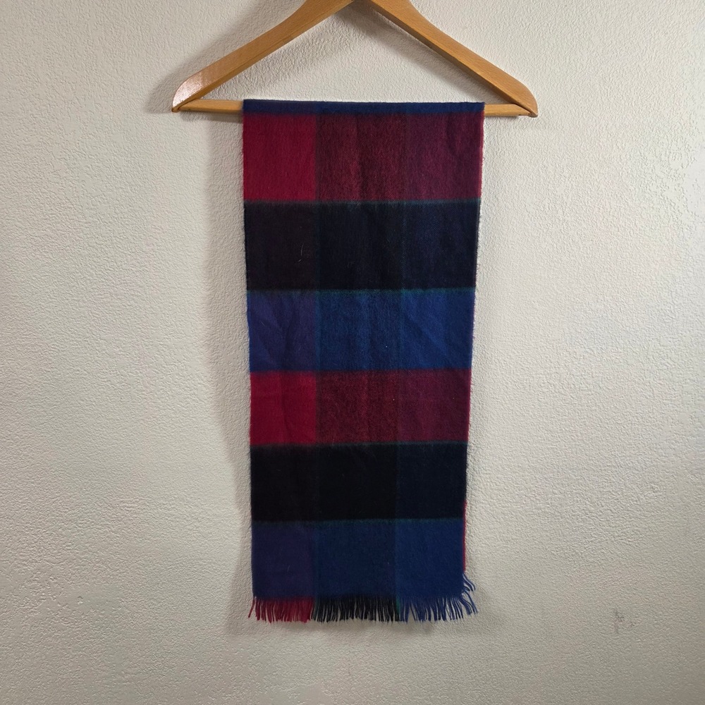 Vintage High Sierra by Mervyns Plaid Wool Blend Fringed Scarf Blue Red Black